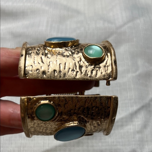 Chunky Gold Cuff with Blue and Green Accents - Picture 6 of 6